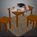 Wooden Table with Stools Red White Checkered Tablecloth Black Pot Plate Spoon Fork on Rug