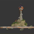 European Architecture Tower With Purple Roof Stone Base And Water Pool