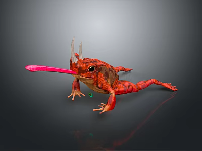 Vivid Red Scaly Reptile with Horned Protrusions and Extended Pink Tongue on Gray Reflective Background 3d model