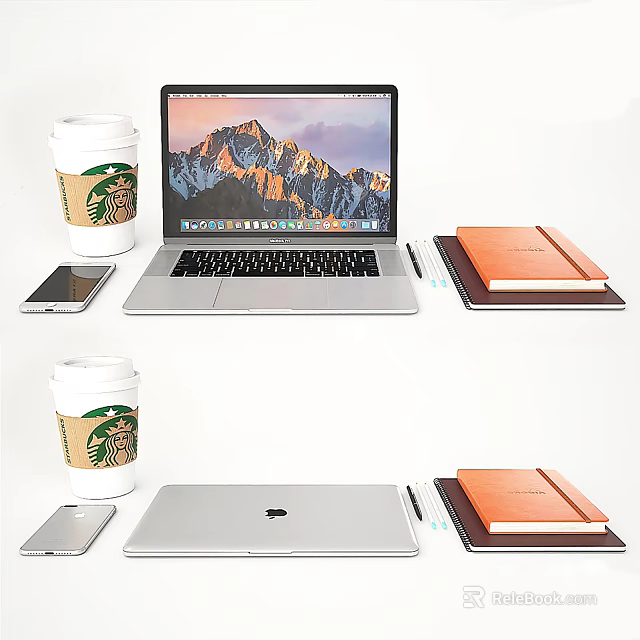 Silver Laptop With Smartphone Coffee Cup Notebook And Pen On White Surface 3d model