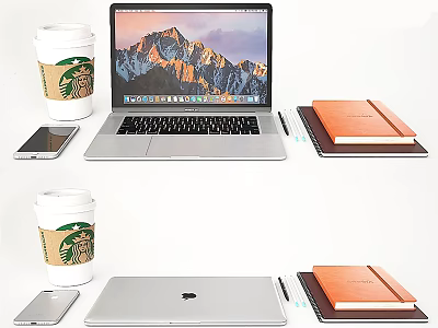 Silver Laptop With Smartphone Coffee Cup Notebook And Pen On White Surface 3d model