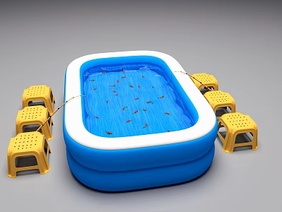 Outdoor Interactive Area Featuring Blue Inflatable Pool And Yellow Plastic Stools 3d model