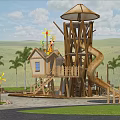 Garden Ornament With Wooden Play Structure Slide And Thatched Roof Among Palm Trees