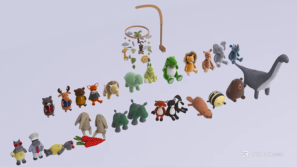 Various Soft Plush Animal Dolls Including Giraffe Lion Elephant And Mobile 3d model 
