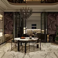 Luxurious Living And Dining Room Interior With Marble Floor Chandelier And TV Wall