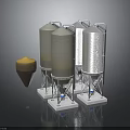 Three Silver Storage Tanks With Brown Conical Object On Metal Platforms