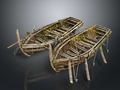 Vintage Rustic Old Wooden Boats With Mossy Frames And Support Sticks 3d model