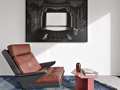 Brown Leather Leisure Chair With Red Side Table Wall Art Soft Light And Cozy Rug 3d model