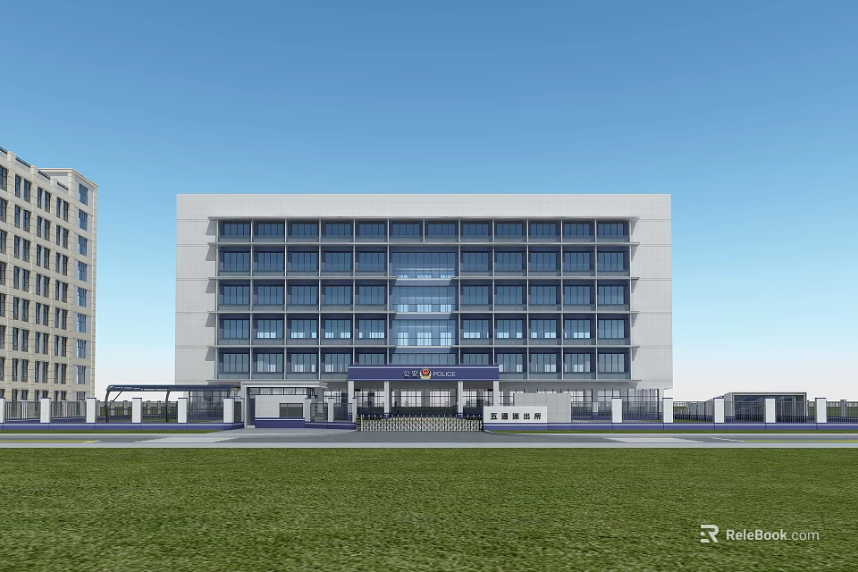 Modern Multi Story Building With Glass Windows Light Colored Exterior Front Lawn And Entrance Area 3d model 