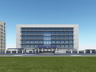 Modern Multi Story Building With Glass Windows Light Colored Exterior Front Lawn And Entrance Area 3d model