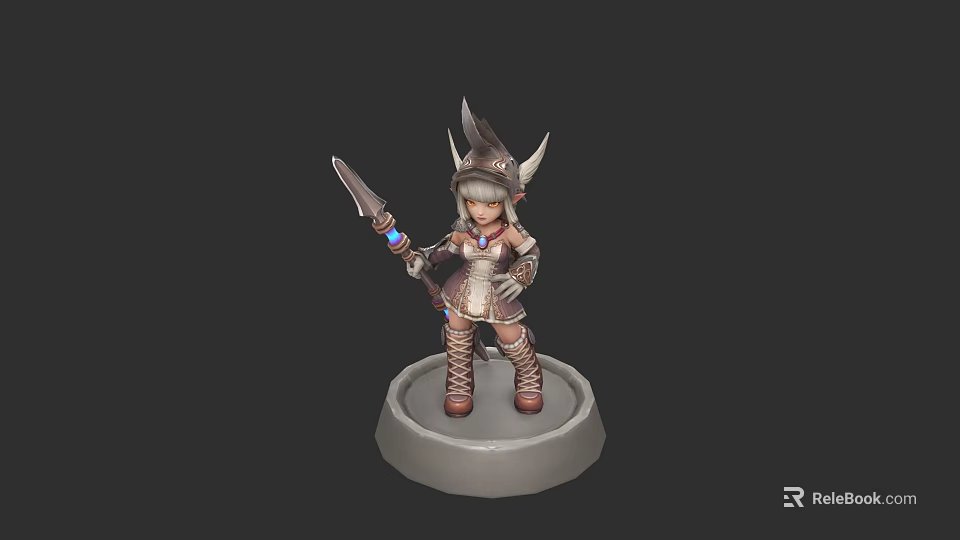 Mythical Armored Warrior Character With Horned Helmet And Spear On Stone Base 3d model 
