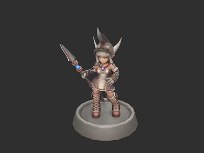 Mythical Armored Warrior Character With Horned Helmet And Spear On Stone Base 3d model