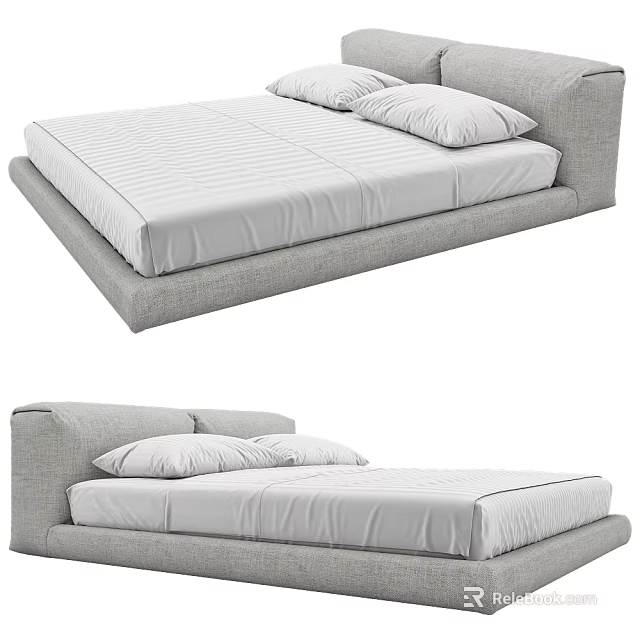 Modern Double Bed With Grey Frame White Mattress and Soft Pillows 3d model 