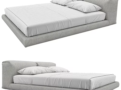 Modern Double Bed With Grey Frame White Mattress and Soft Pillows 3d model