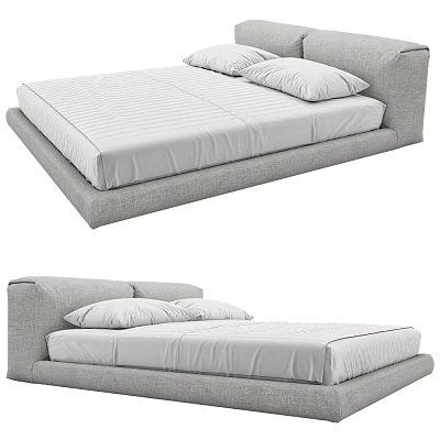 Modern Double Bed With Grey Frame White Mattress and Soft Pillows 3d model