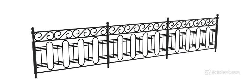 Black Iron Railing With Curved Scroll Designs And Vertical Oval Panels 3d model 