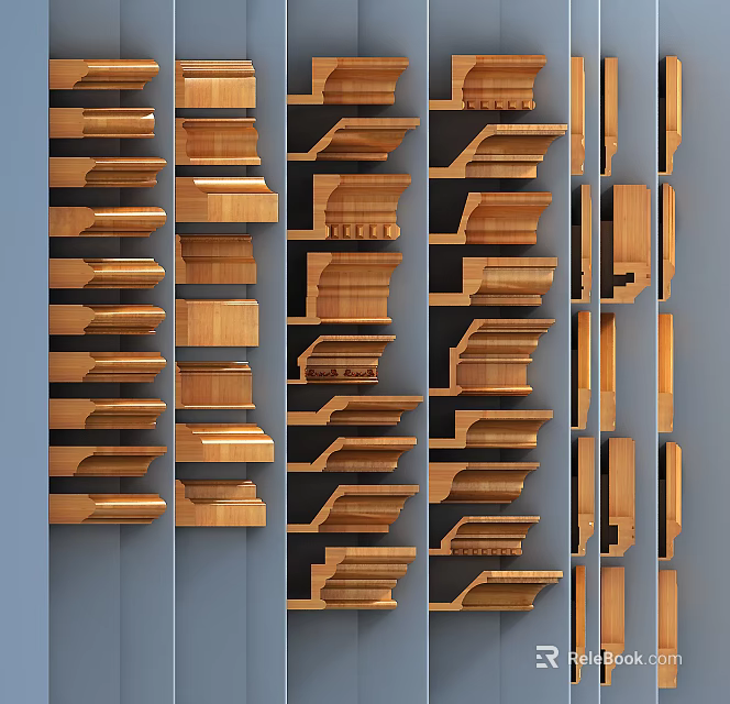 Various Designs of Wooden Cornice Moldings Arranged in Vertical 3d model 