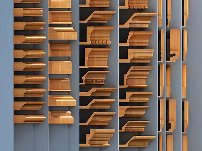 Various Designs of Wooden Cornice Moldings Arranged in Vertical 3d model