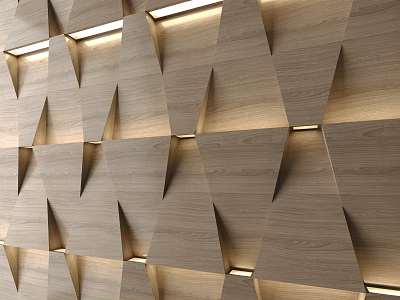 Wooden Wall Design With Geometric Patterns And Warm Interior Lighting 3d model