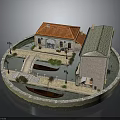 Traditional Building Model With Red Tile Roof Gray Structure Small Path Lawn Boats Street Lamps
