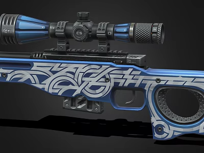 Blue Rifle With Ornate White Patterns And High Precision Mounted Scope 3d model