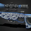 Blue Rifle With Ornate White Patterns And High Precision Mounted Scope