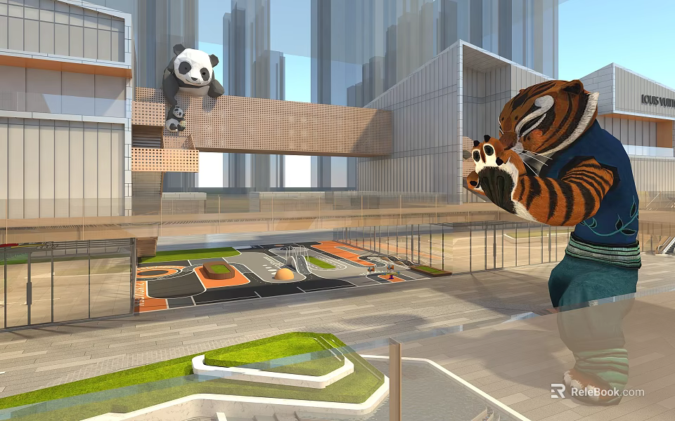 Commercial Landscape Featuring Modern High Rise Buildings Cartoon Panda Tiger And Open Plaza Design 3d model 