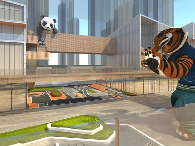 Commercial Landscape Featuring Modern High Rise Buildings Cartoon Panda Tiger And Open Plaza Design 3d model