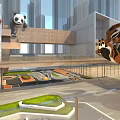 Commercial Landscape Featuring Modern High Rise Buildings Cartoon Panda Tiger And Open Plaza Design