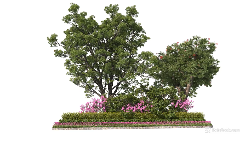Garden Ornament Featuring Two Trees Red Flower Tree Pink Flowers Green Shrubs Neat Border 3d model 