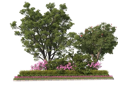 Garden Ornament Featuring Two Trees Red Flower Tree Pink Flowers Green Shrubs Neat Border 3d model