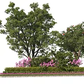 Garden Ornament Featuring Two Trees Red Flower Tree Pink Flowers Green Shrubs Neat Border