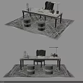 Modern Desk Setup With Marble Top Chair Lamp And Patterned Rug 3d model