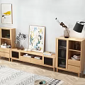 Modern Wooden TV Stand With Storage Drawers Open Shelves Bookshelves Artwork Floor Lamp and Plants