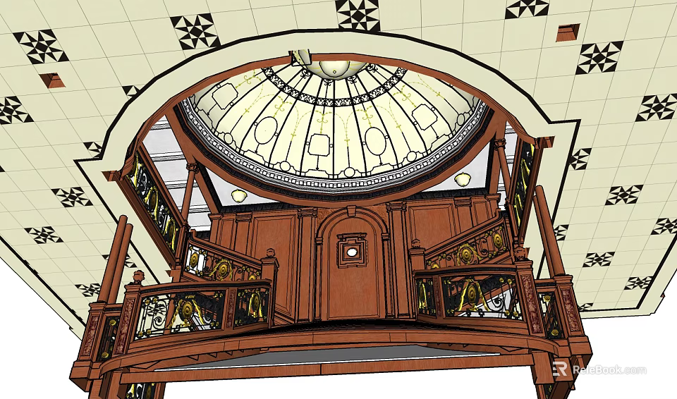 Elegant Wooden Staircase With Dome Skylight And Carved Railings Interior Design 3d model 