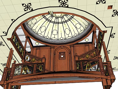 Elegant Wooden Staircase With Dome Skylight And Carved Railings Interior Design 3d model