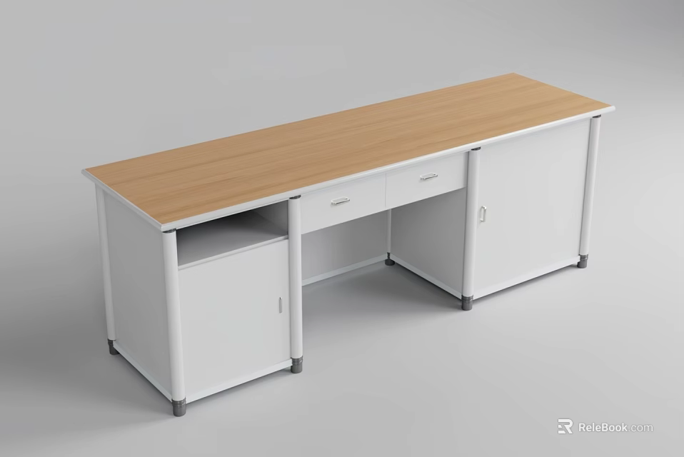 Modern School Study Desk With Light Wooden Top White Cabinet Drawers And Doors 3d model 