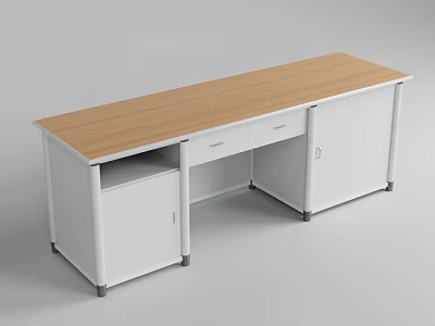 Modern School Study Desk With Light Wooden Top White Cabinet Drawers And Doors 3d model
