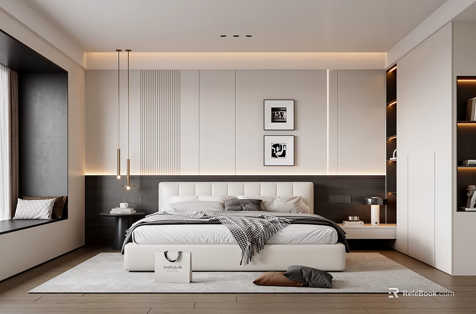 Modern Minimalist Bedroom Interior Design With Pendant Lights Decorative Paintings White Bed And Recessed Lighting 3d model 