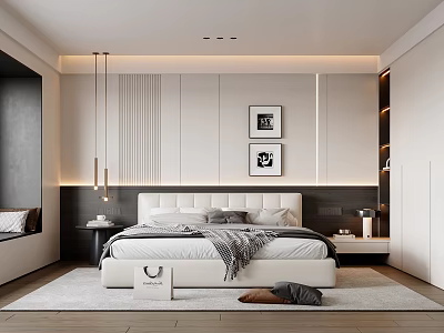 Modern Minimalist Bedroom Interior Design With Pendant Lights Decorative Paintings White Bed And Recessed Lighting 3d model
