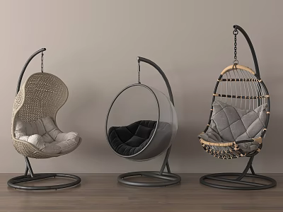 Three Stylish Modern Hanging Chairs Woven Metal Frame And Cushioned Comfortable Seats 3d model