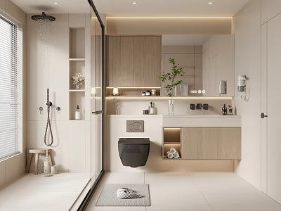 Modern Bathroom Interior Design With Shower Area Toilet Vanity And Wooden Cabinets 3d model