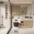 Modern Bathroom Interior Design With Shower Area Toilet Vanity And Wooden Cabinets