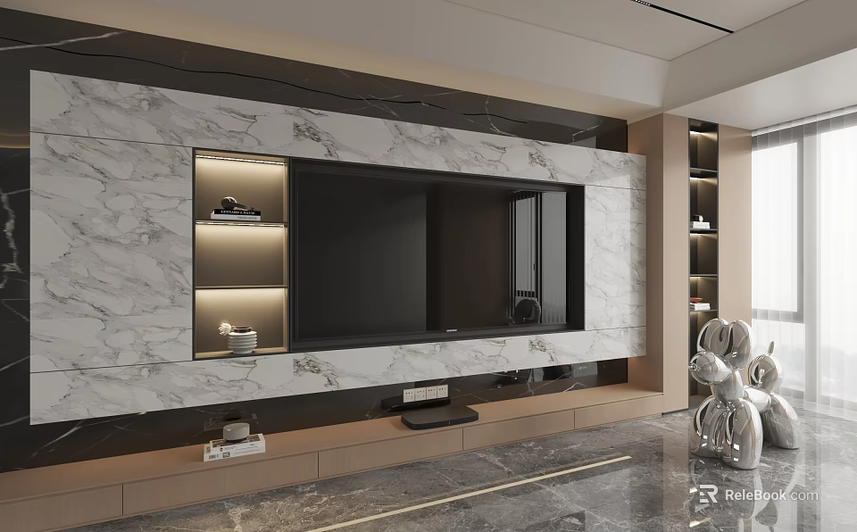 Sleek Modern TV Wall Design With Marble Surface Built-in TV And Side Lit Shelves 3d model 