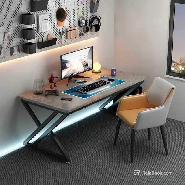 Modern Desk With Marble Top Metal Frame LED Light Computer And Orange White Chair 3d model 