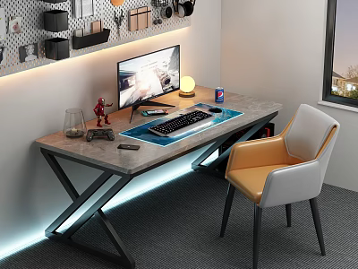 Modern Desk With Marble Top Metal Frame LED Light Computer And Orange White Chair 3d model
