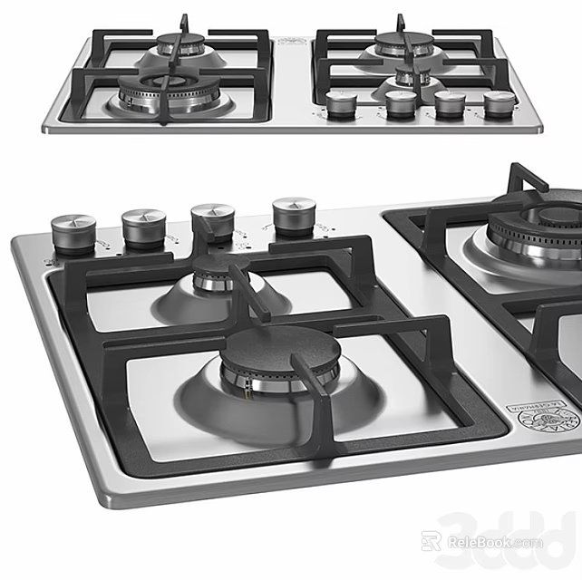 Stainless Steel Gas Stove With Multiple Burners And Control Knobs For Kitchen 3d model 