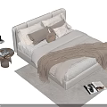 Modern Double Bed With White Frame Multiple Pillows Beige Fringed Blanket On Gray Rug 3d model