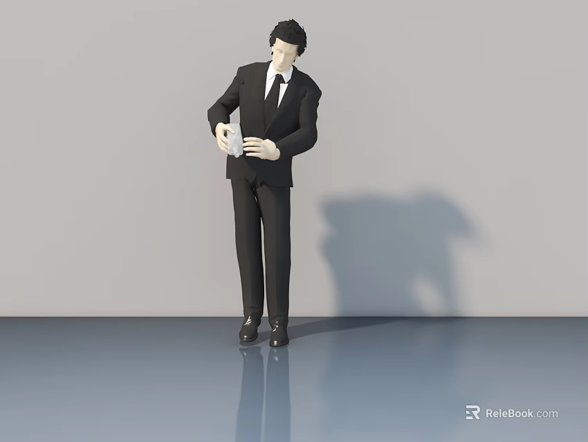 A man in black suit holding object standing on shiny floor with gray background 3d model 