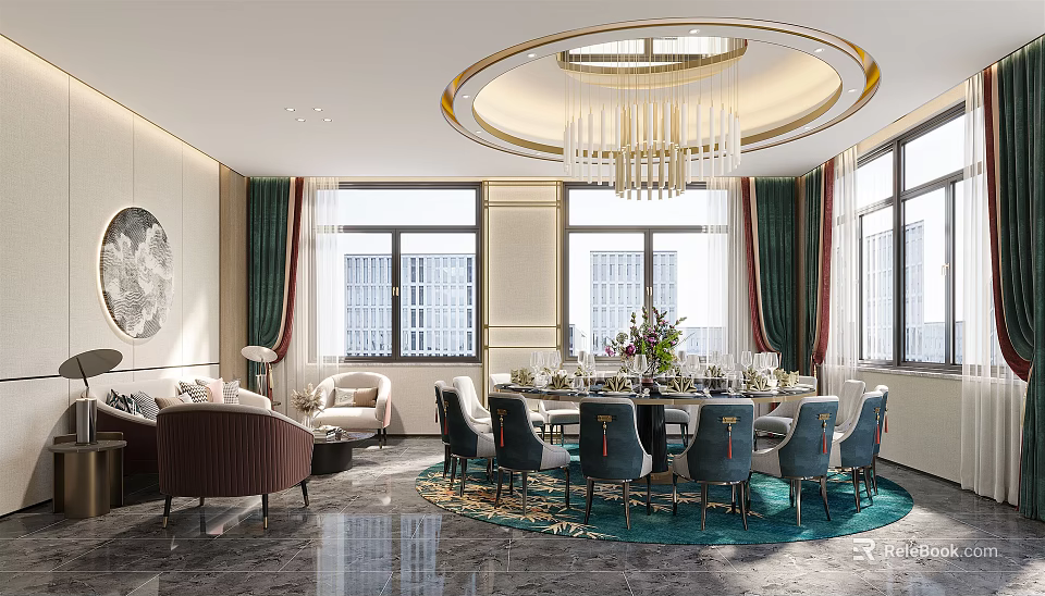 Luxurious Private Room Interior With Round Dining Table Crystal Chandelier And Sofa 3d model